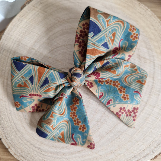 Vintage Liberty Print Mini Hair Bow - Art Deco in Brown