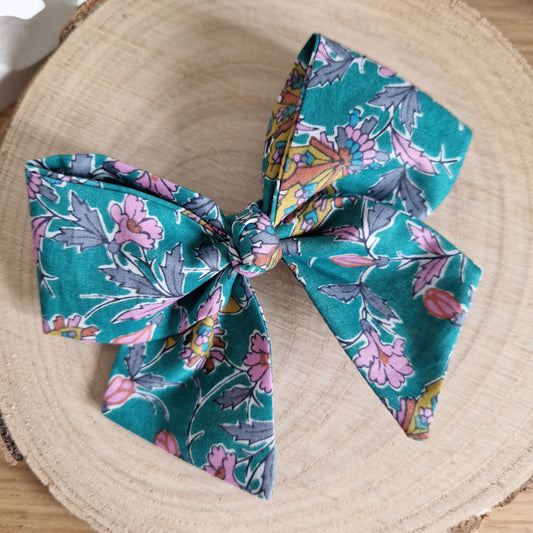 Vintage Liberty mini hair bow - green and pink floral print