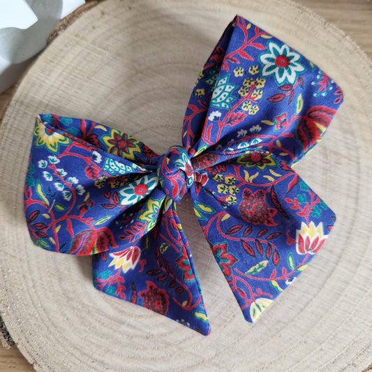 Vintage Fabric Mini Hair Bow - Blue Floral