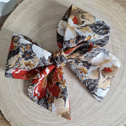 Vintage Fabric Mini Hair Bow - Brown Floral