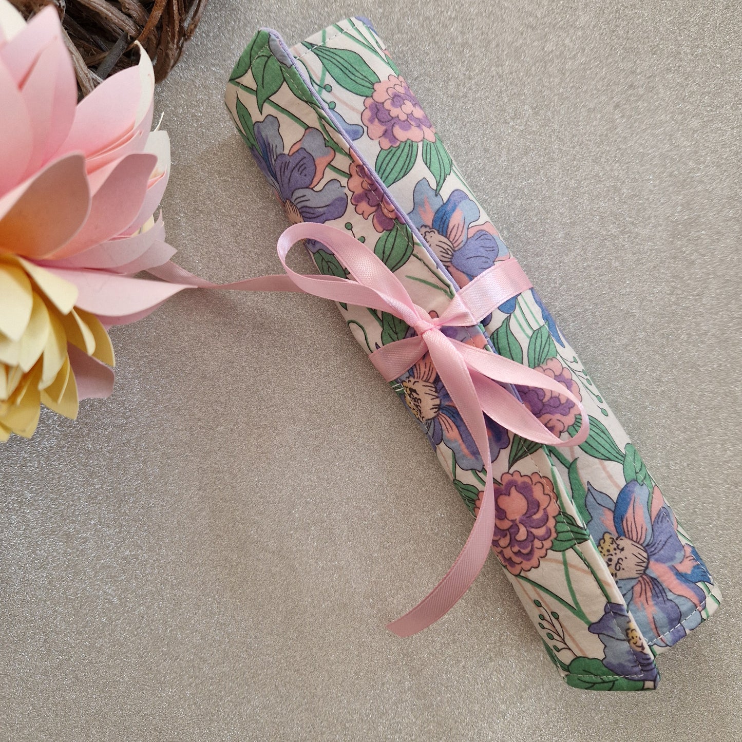 Vintage Liberty Print Brush Roll - Bold Blooms in Lilac and Pink