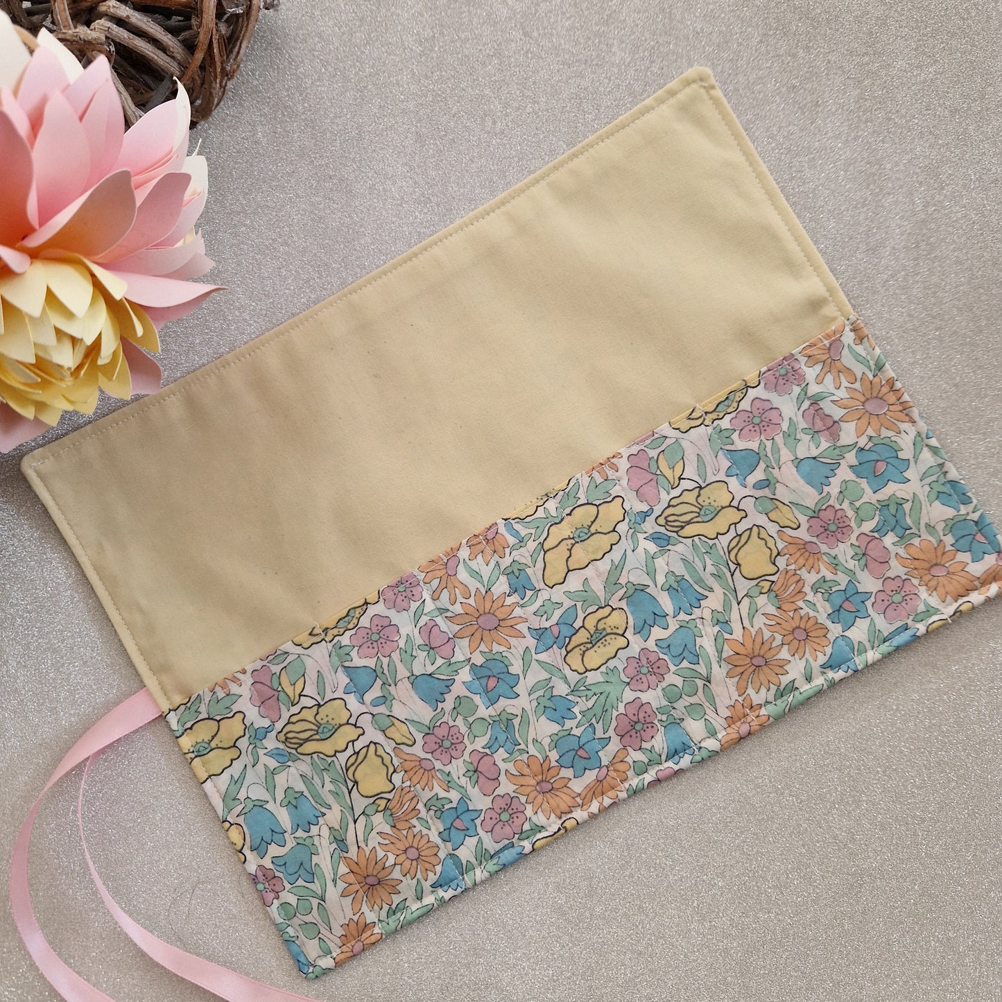 Vintage Liberty Print Brush Roll - Lemon and Pink