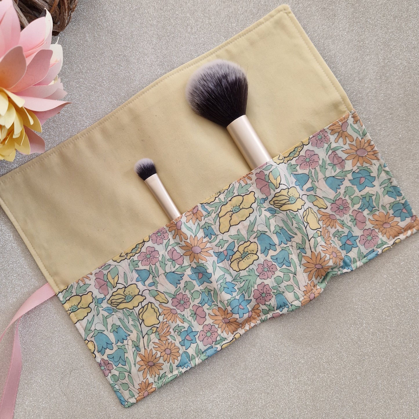 Vintage Liberty Print Brush Roll - Lemon and Pink