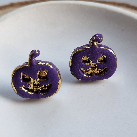 Clay Pumpkin Stud Earrings - Cheeky in Purple and Gold