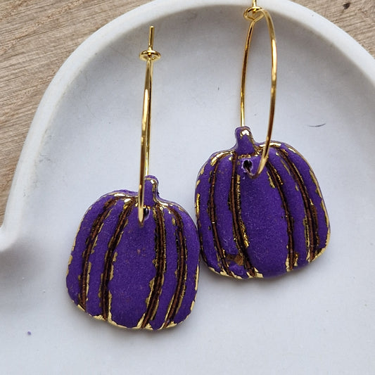 Clay Pumpkin Earrings - Witchy in Purple and Gold