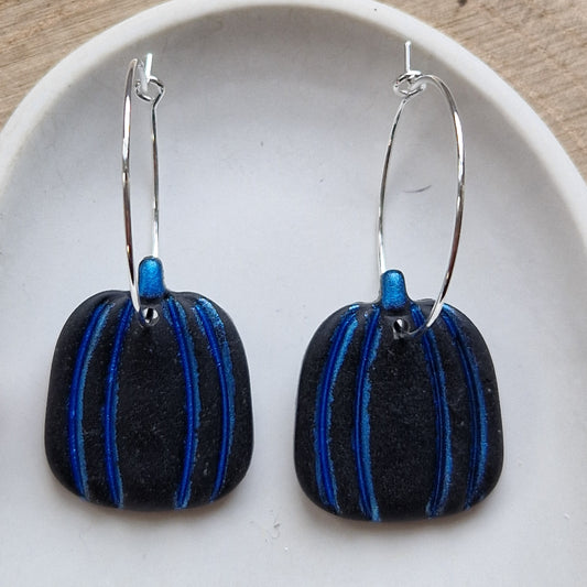 Clay Pumpkin Earrings - Witchy in Black and Blue