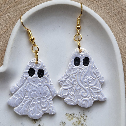 Clay Ghost Earrings - Spooky in White Embossed