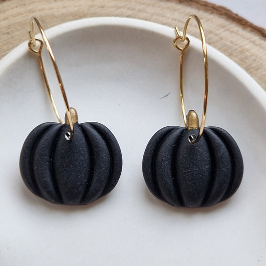 Clay Pumpkin Earrings - Midnight in Black and Gold