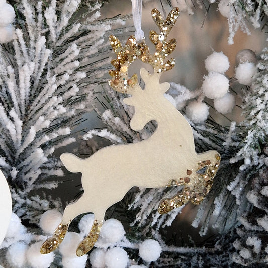 Resin Reindeer Decoration - Mistletoe in Cream and Gold