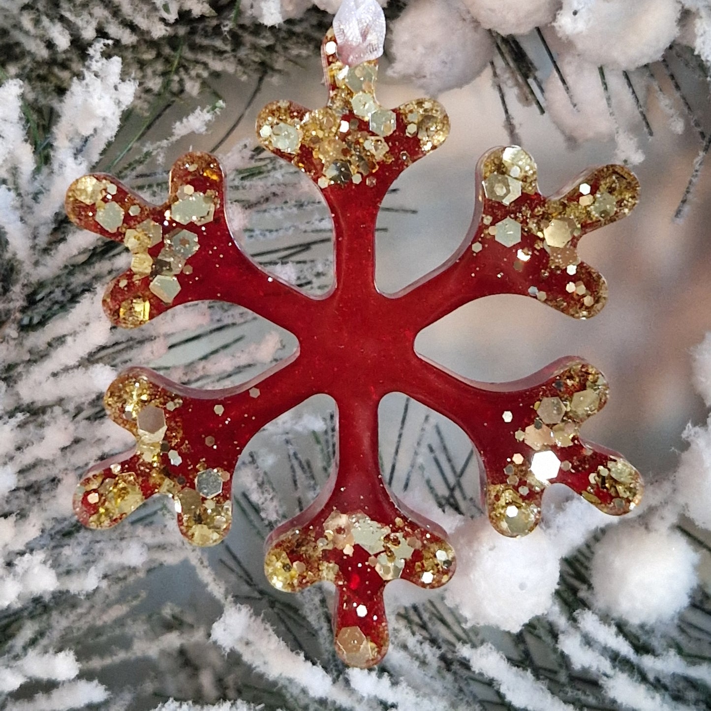 Resin Snowflake Decoration - Red and Gold