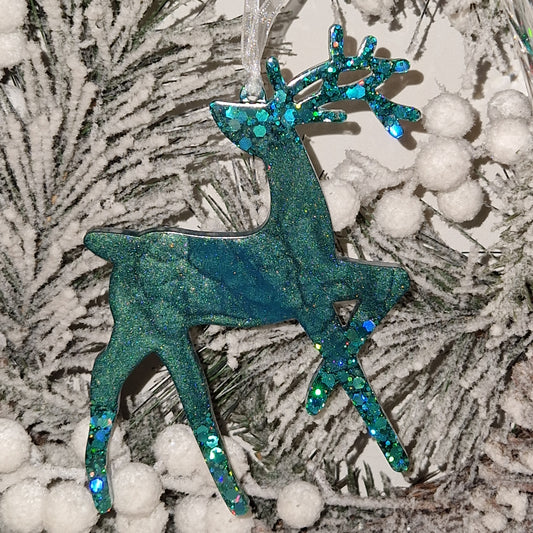 Resin Reindeer Decoration - Crystal in Teal Sparkle