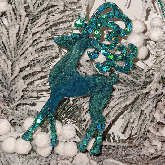 Resin Reindeer Decoration - Blaze in Teal Sparkle