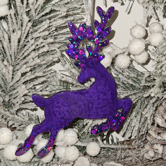 Resin Reindeer Decoration - Mistletoe in Purple Sparkle