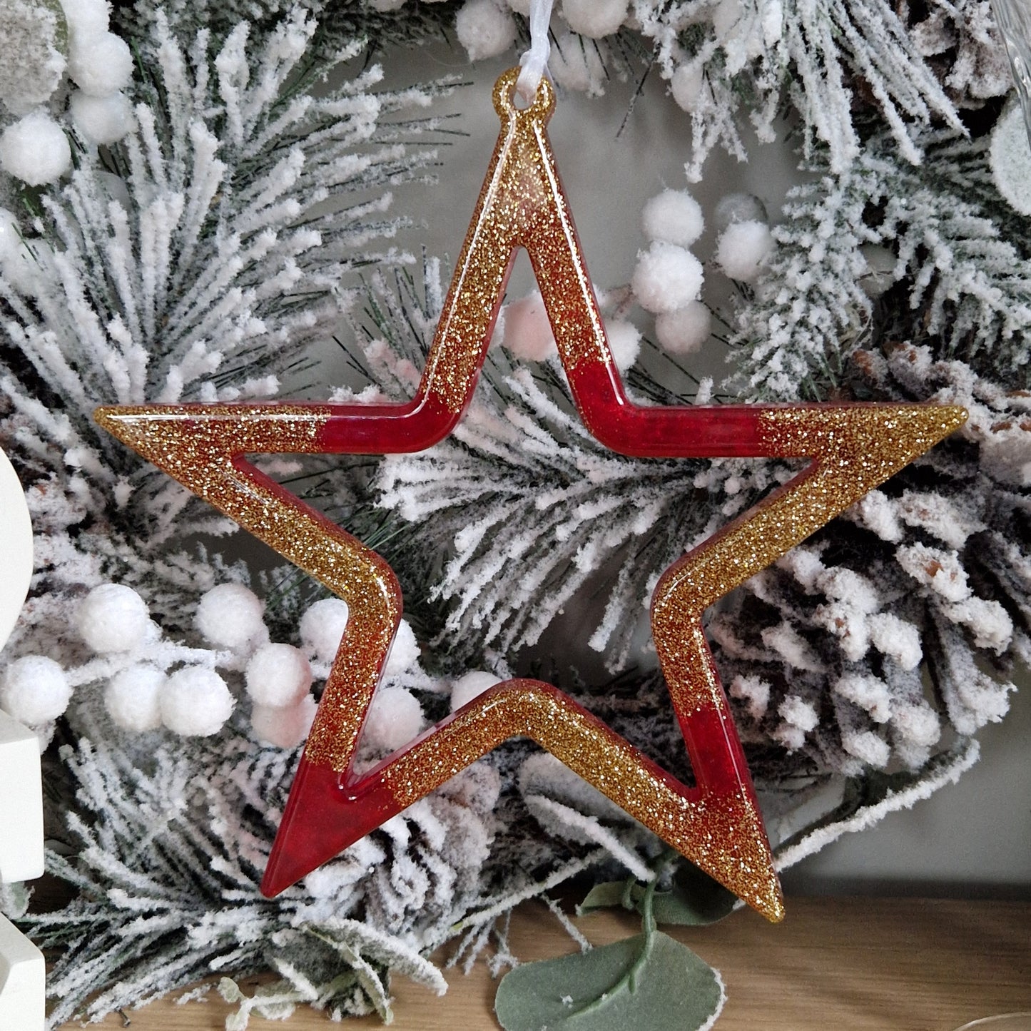 Resin Hanging Star Christmas Decoration - Red and Gold Sparkle