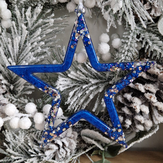 Resin Hanging Star Christmas Decoration - Blue and Silver Sparkle