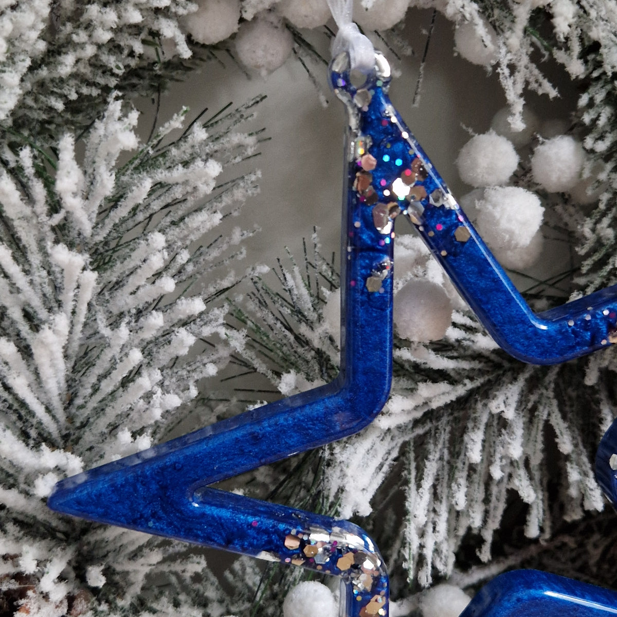 Resin Hanging Star Christmas Decoration - Blue and Silver Sparkle