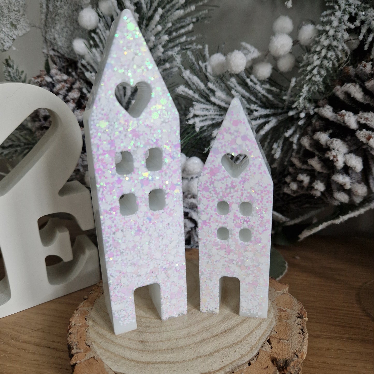 Resin Christmas Houses - White Sparkle