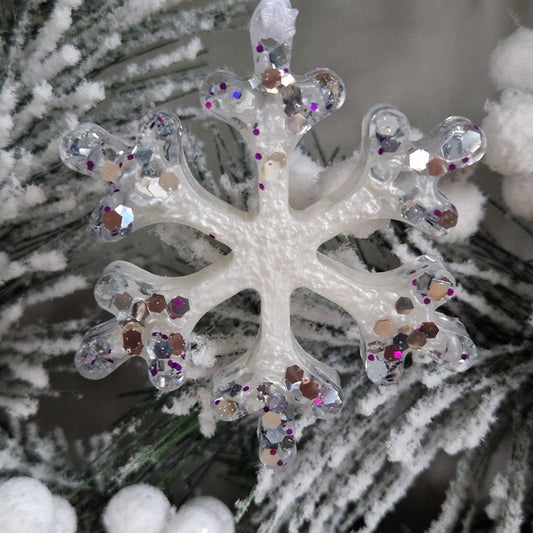 Resin Snowflake Decoration - White and Silver Sparkle