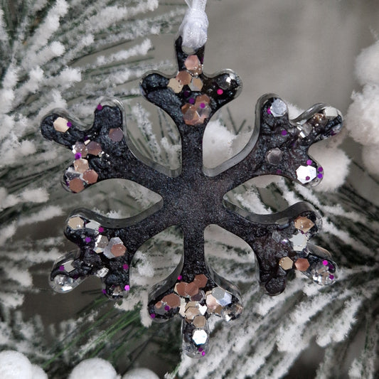 Resin Snowflake Decoration - Black and Silver Sparkle