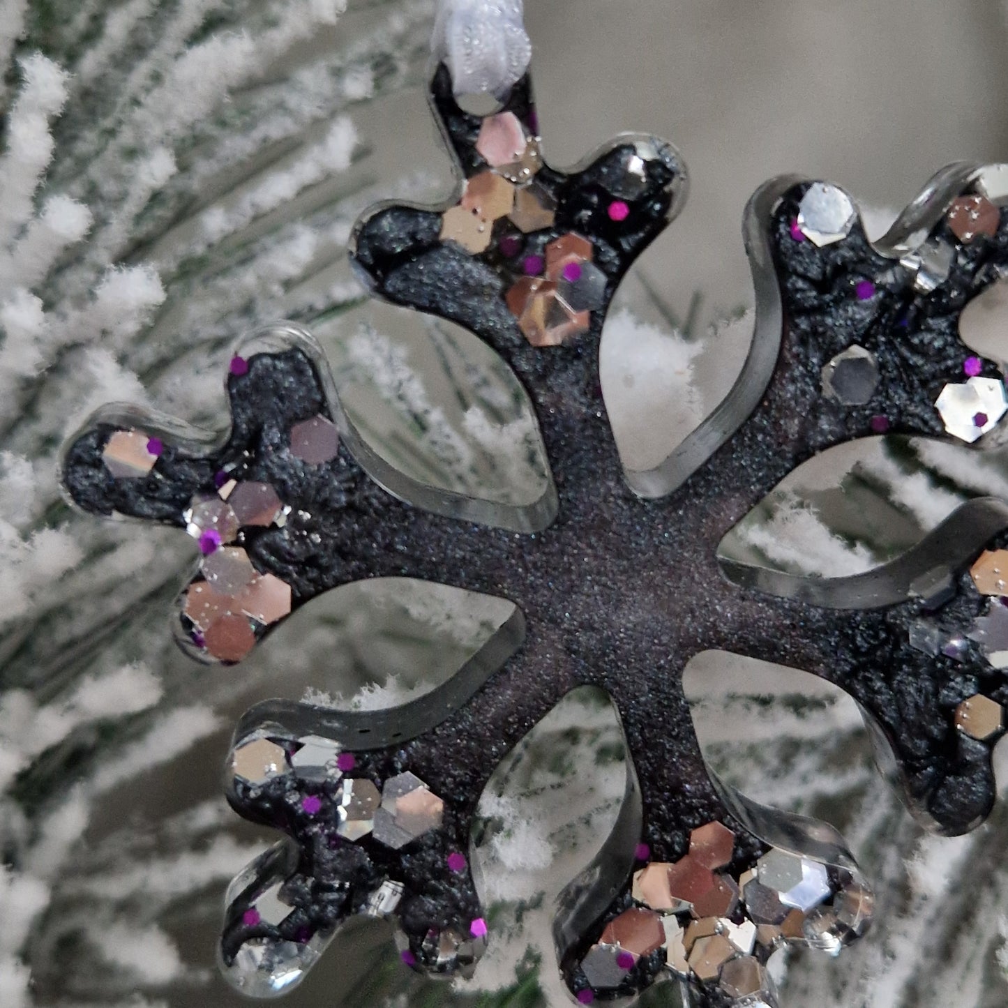 Resin Snowflake Decoration - Black and Silver Sparkle