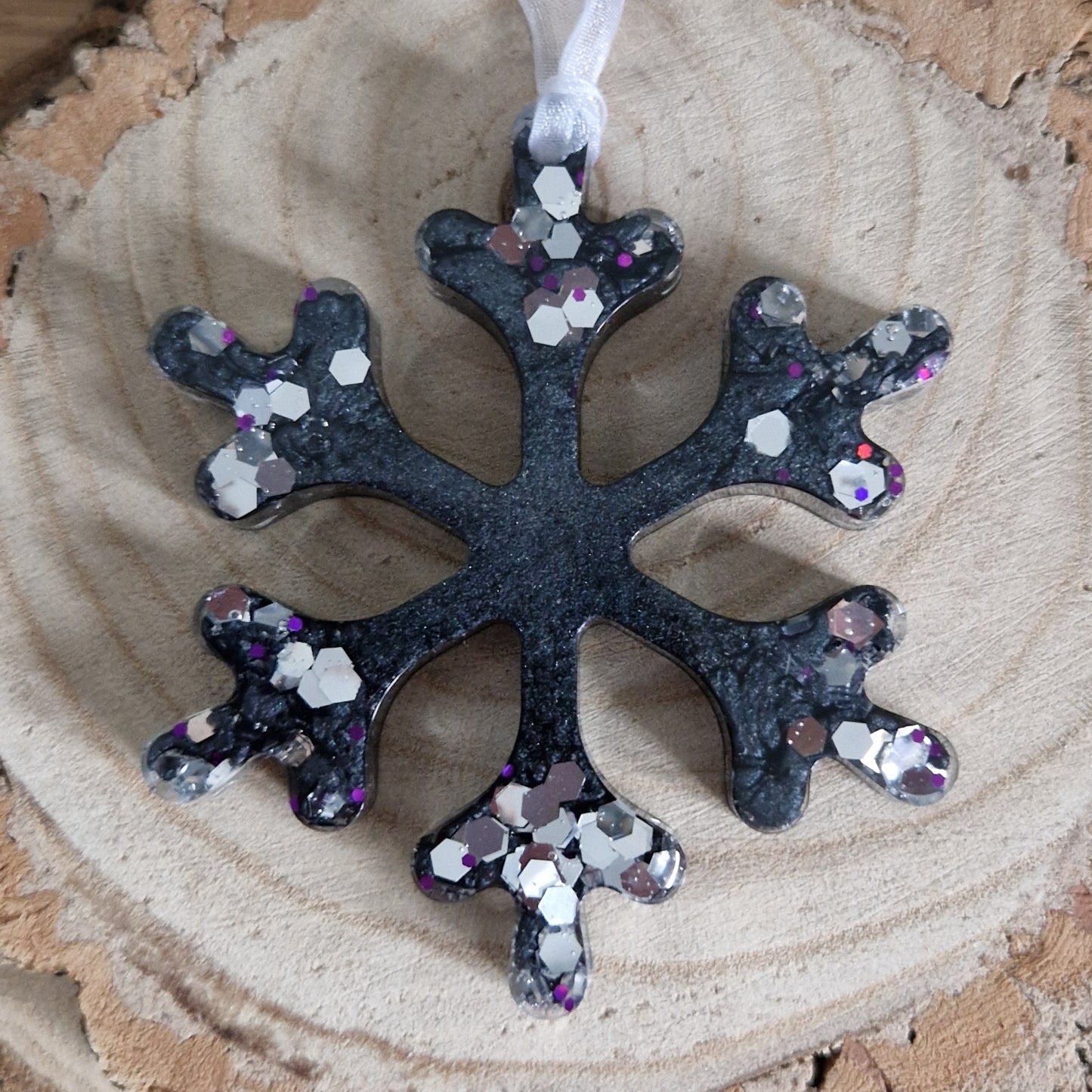 Resin Snowflake Decoration - Black and Silver Sparkle