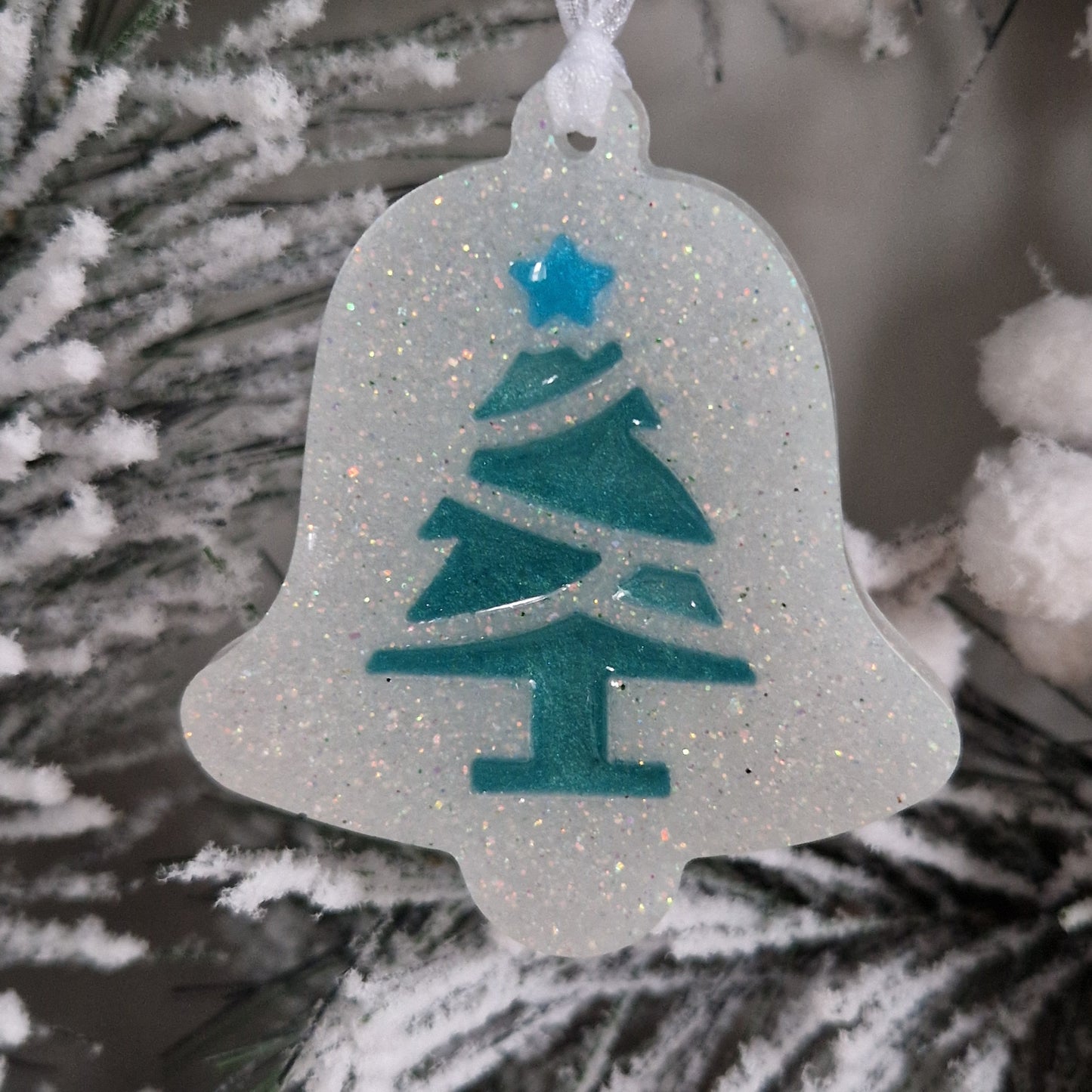 Resin Christmas Decoration - White Glitter Bell