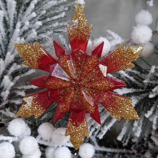 Resin Faceted Snowflake Christmas Decoration - Red and Gold Sparkle