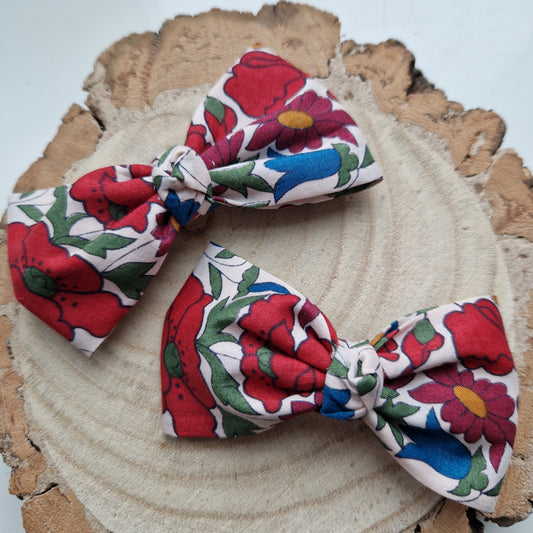 Pair of dinky vintage Liberty print hair bows in red floral fabric