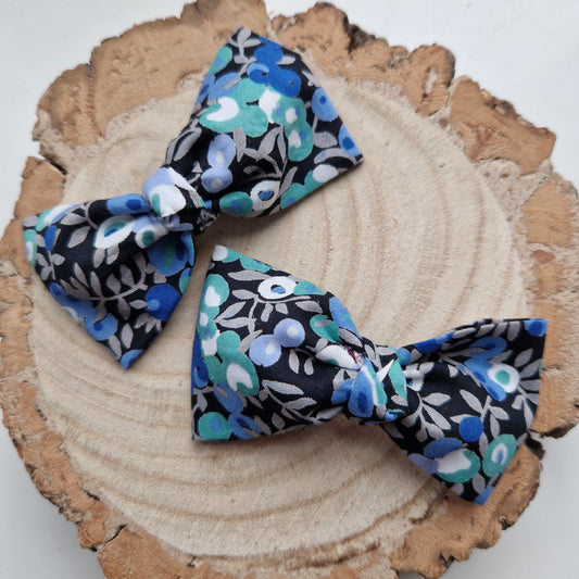 Pair of dinky vintage Liberty print hair bows in blue berry fabric