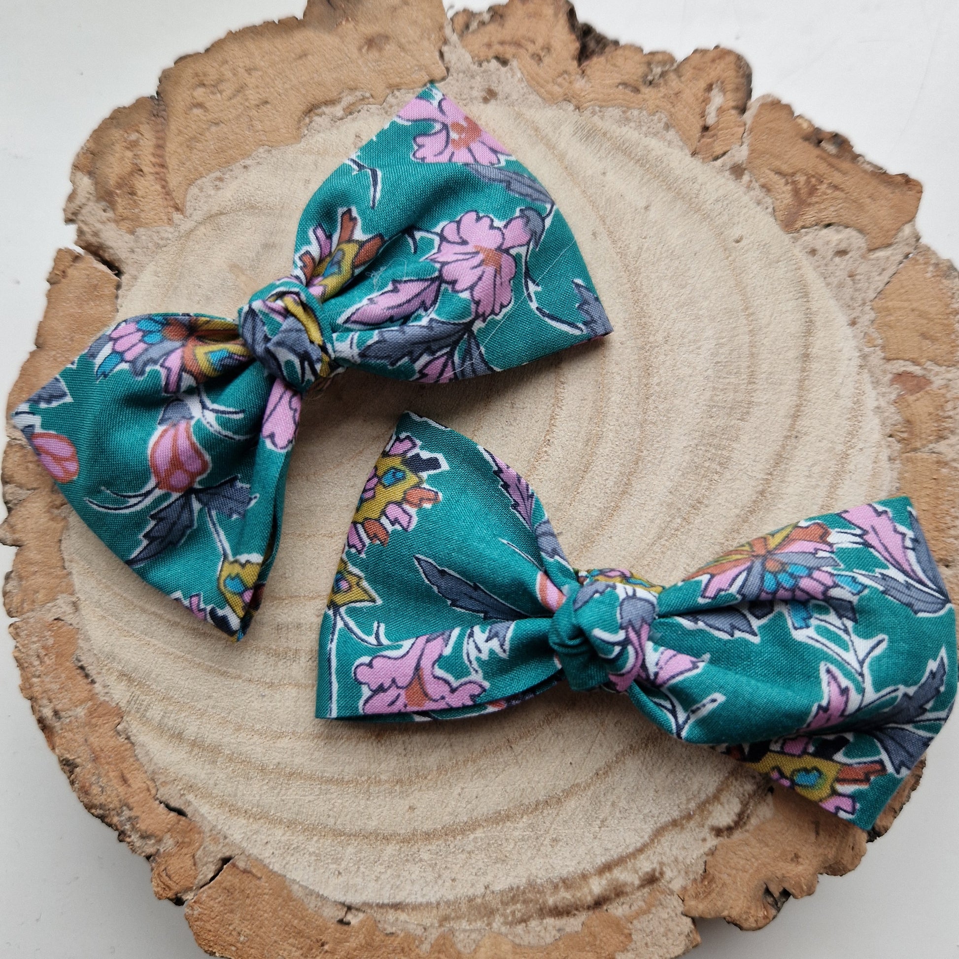 Pair of dinky vintage Liberty print hair bows in green floral fabric