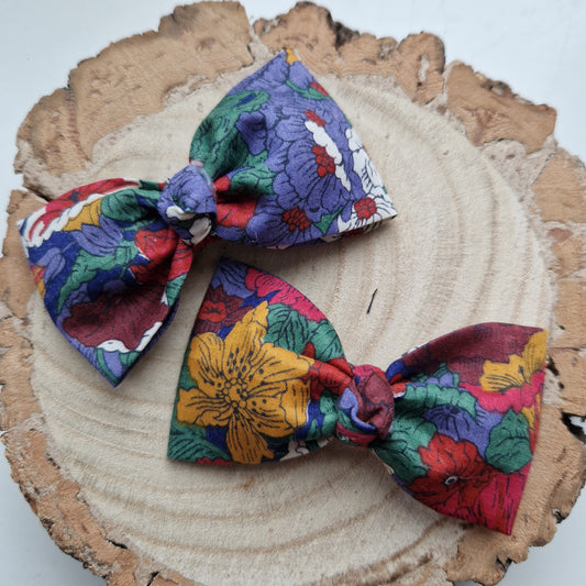 Pair of dinky vintage Liberty print hair bows in deep red floral fabric