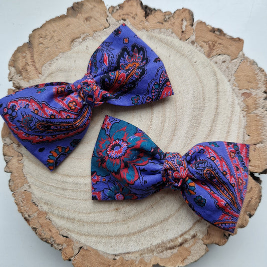 Pair of dinky vintage Liberty print hair bows in purple paisley fabric