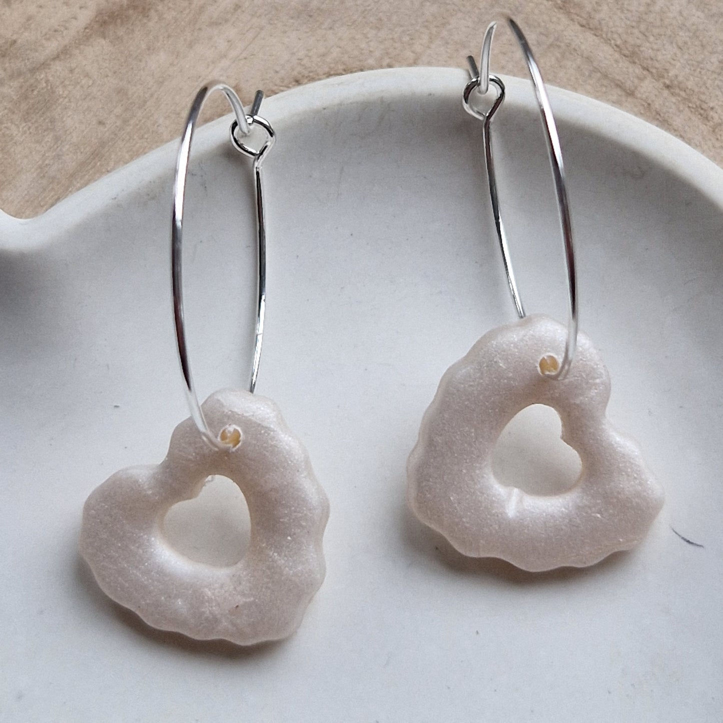 Clay Heart Hoop Earrings - Ivory Shimmer