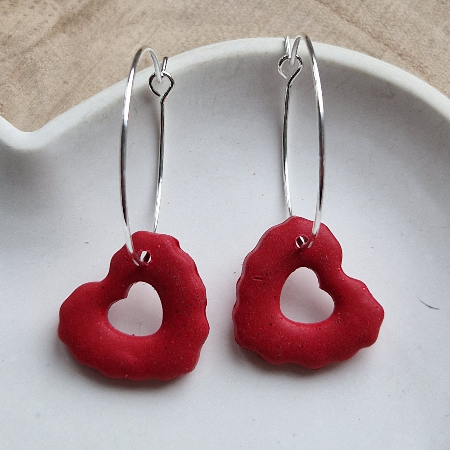 Clay Heart Hoop Earrings - Red Glitter