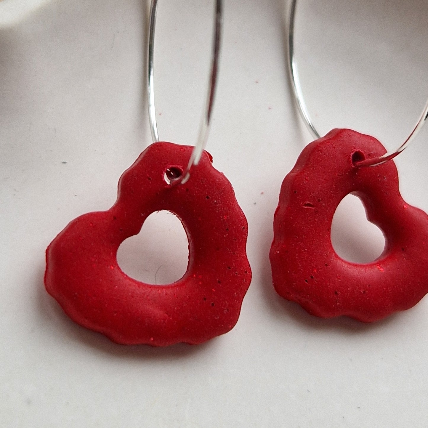 Clay Heart Hoop Earrings - Red Glitter