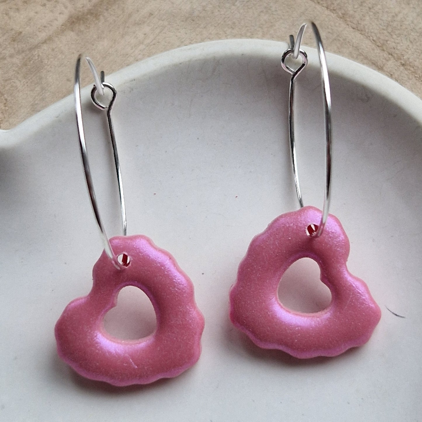 Clay Heart Hoop Earrings - Pink Pearl