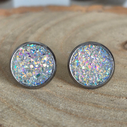 Glitter Resin 10mm Stud Earrings - Clear AB