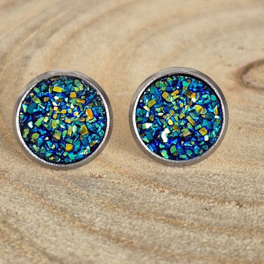 Glitter Resin 10mm Stud Earrings - Blue Green