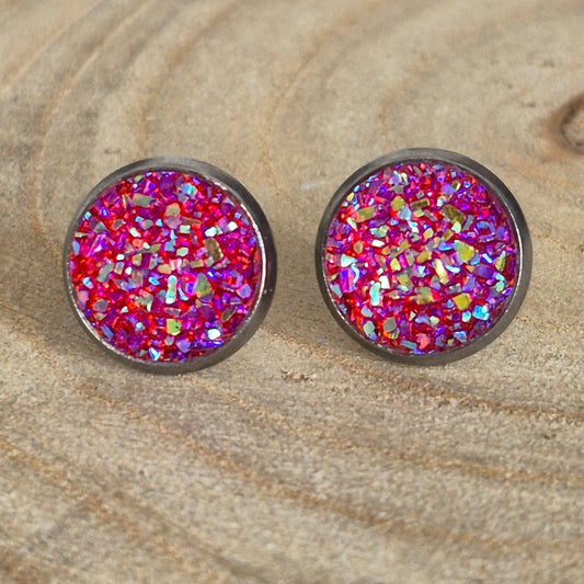 Glitter Resin 10mm Stud Earrings - Fuchsia AB