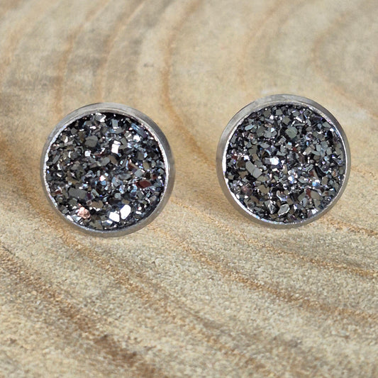 Glitter Resin 10mm Stud Earrings - Anthracite