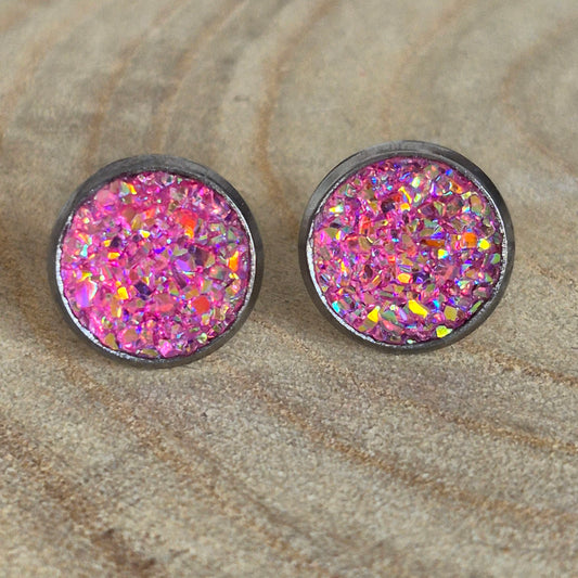 Glitter Resin 10mm Stud Earrings - Pink AB