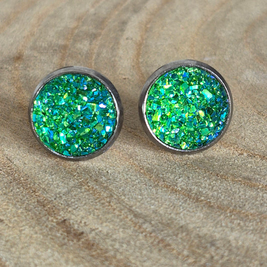 Glitter Resin 10mm Stud Earrings - Green AB