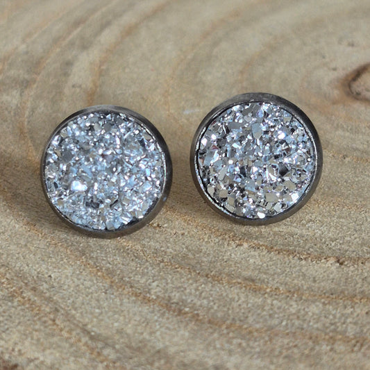 Glitter Resin 10mm Stud Earrings - Silver