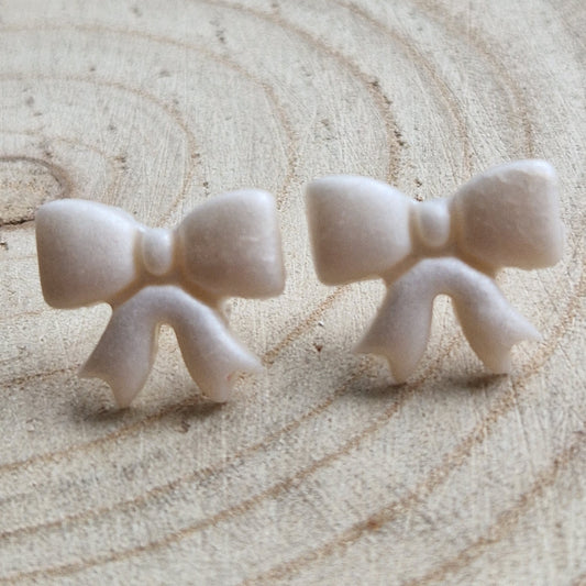 Clay Mini Bow Stud Earrings - Ivory Shimmer