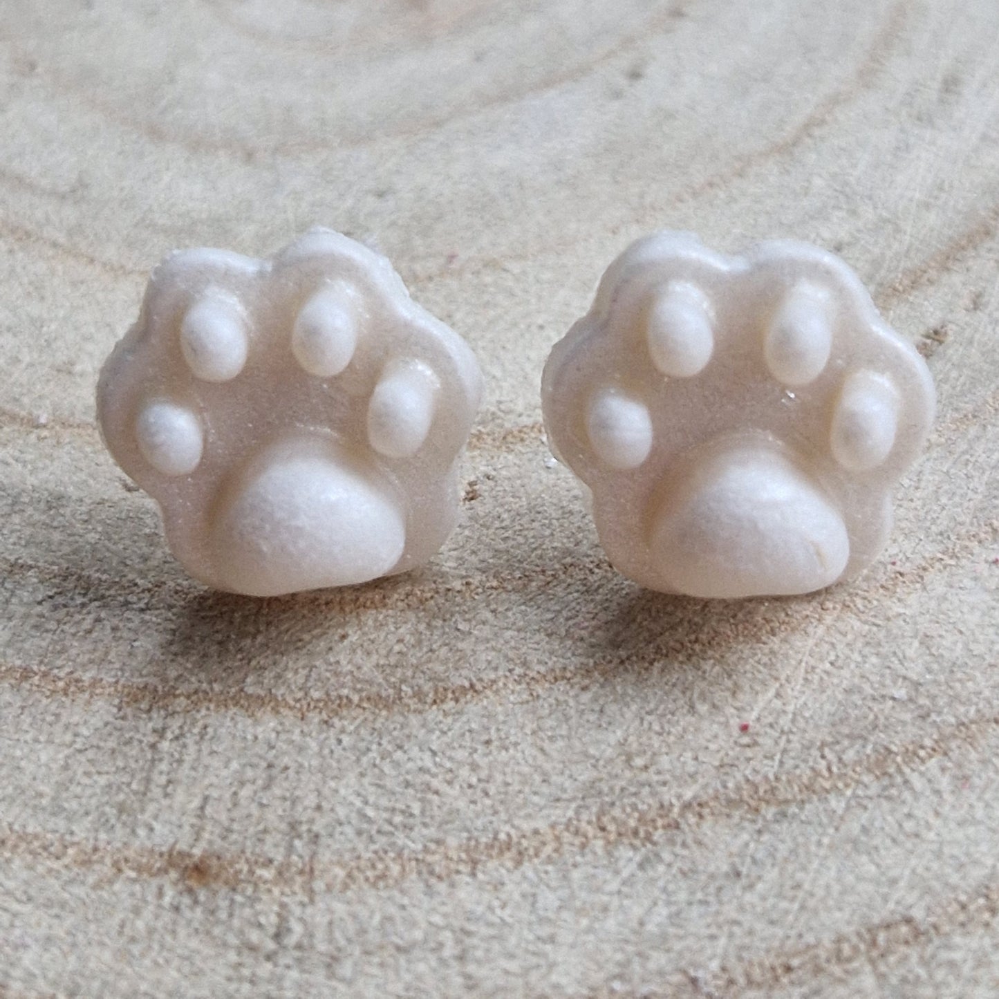 Clay Tiny Paw Print Stud Earrings - Embossed Ivory Shimmer