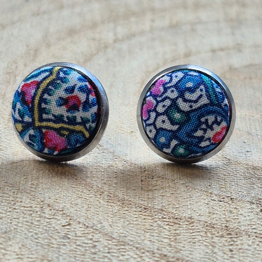 Vintage Liberty 10mm Stud Earrings - Blue Mini Paisley