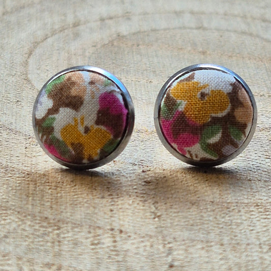 Vintage Liberty 10mm Stud Earrings - Yellow Pink Ditsy Floral