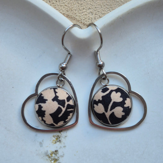 Vintage Liberty 12mm Dangle Heart Earrings - Cream Leafy