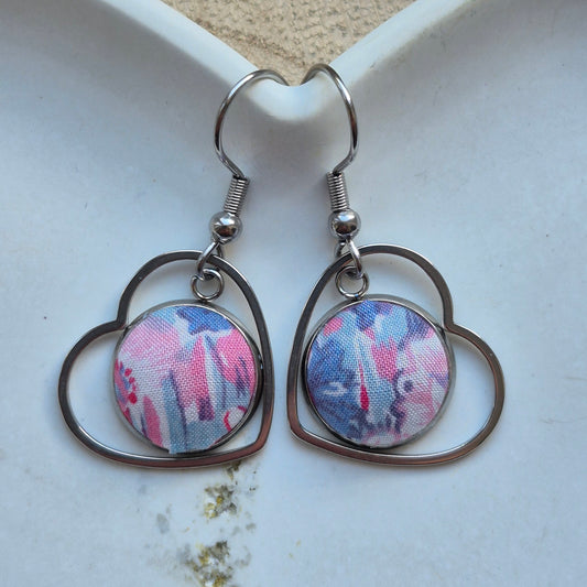 Vintage Liberty 12mm Dangle Heart Earrings - Pink Daisy