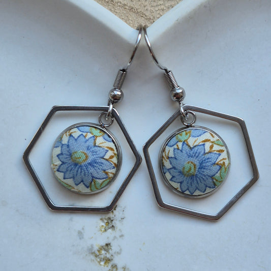 Vintage Liberty 12mm Dangle Hexagon Earrings - Blue Flower